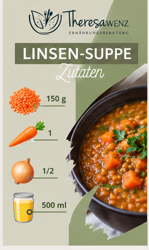 Rezeptkarte Linsen-Suppe mit roten Linsen, Karotte, Zwiebel und Brühe