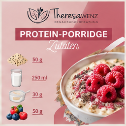Rezeptkarte Protein-Porridge mit 50 g Haferflocken, 250 ml Milch, 30 g Proteinpulver und 50 g Beeren