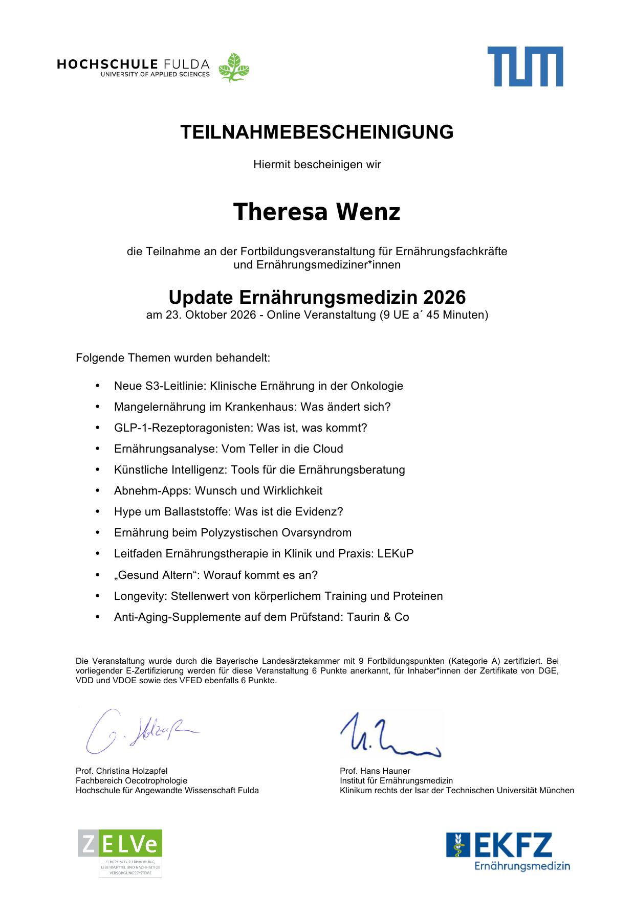 Teilnahmebescheinigung „Update Ernährungsmedizin 2026“ – Technische Universität München & Hochschule Fulda