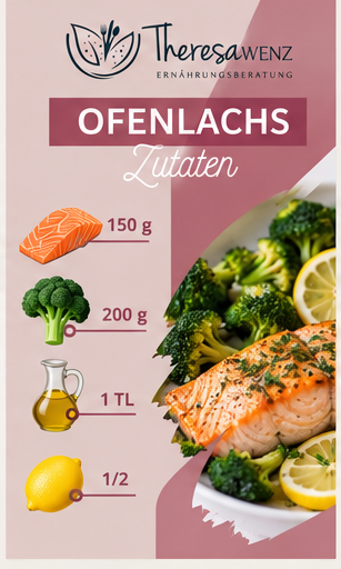 Rezeptkarte Ofenlachs mit Lachsfilet, Brokkoli, Olivenöl und Zitrone