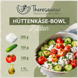 Rezeptkarte Hüttenkäse-Bowl mit 200 g Hüttenkäse, 100 g Gurke, 100 g Tomaten und einem Teelöffel Olivenöl
